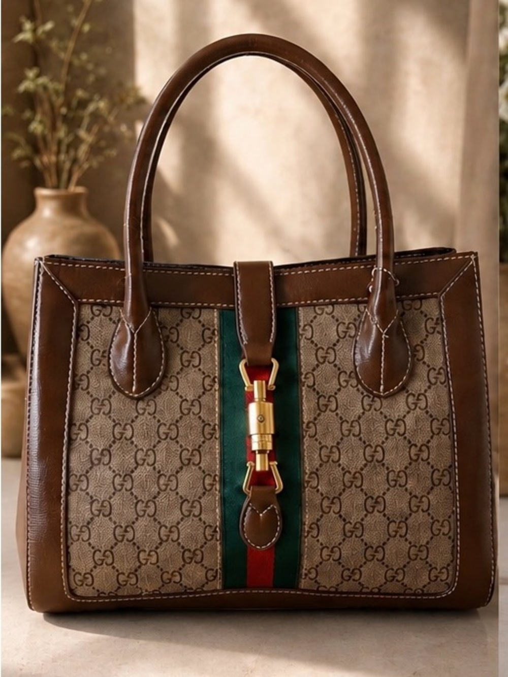 Classic Brown Monogram Tote with Green-Red Stripe